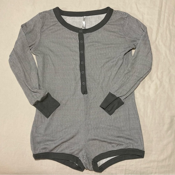 London Brand Striped Henley Style Romper with Dark Grey Trim - Picture 1 of 10